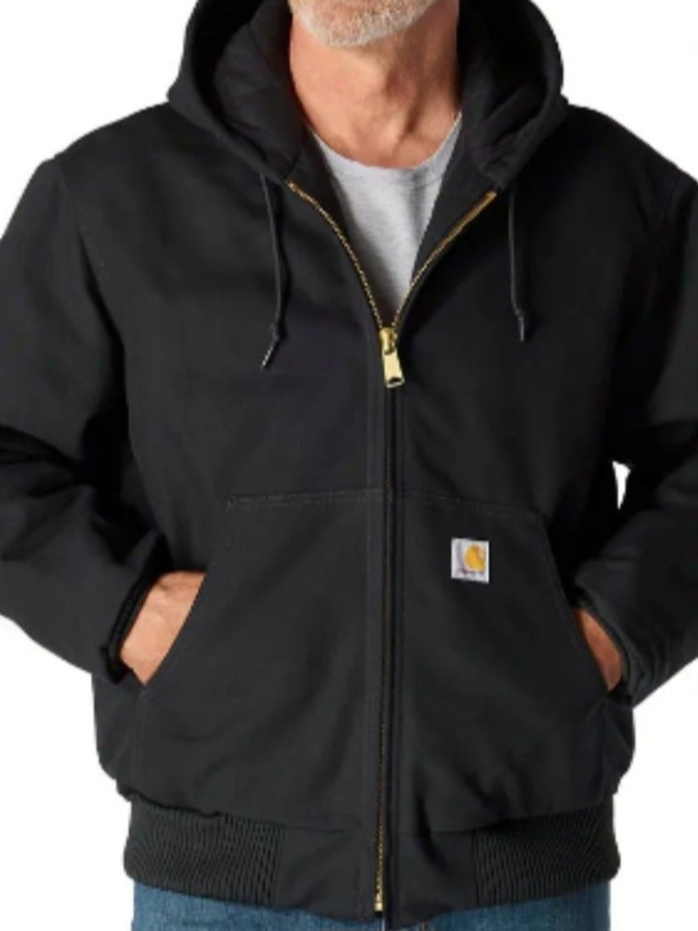 Carhartt Black Hooded Zip-Front Work Jacket with Brass Hardware